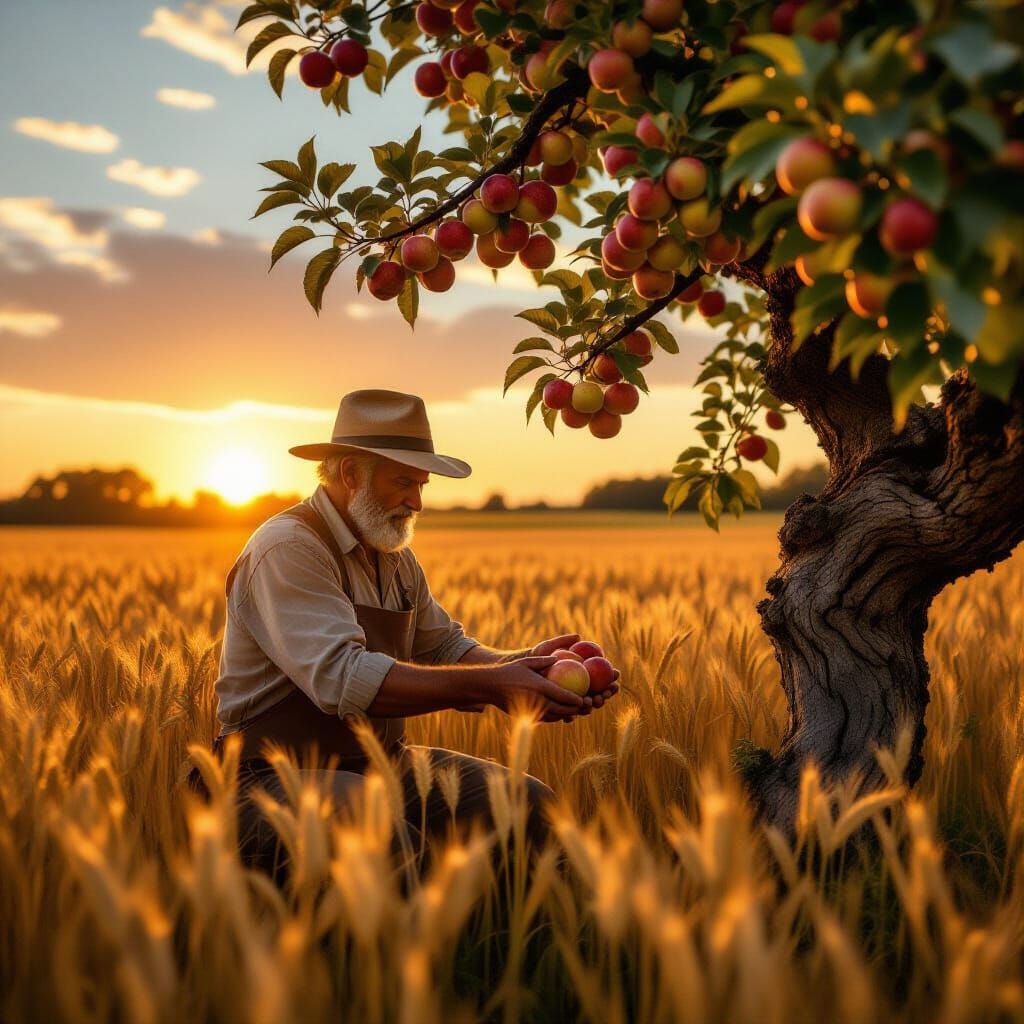 Farmer Tends Ancient Apple Tree at Dusk in Golden Field