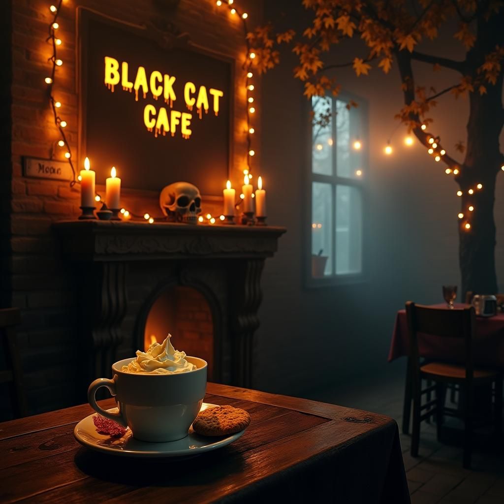 Cozy Black Cat Cafe Interior on Foggy Evening