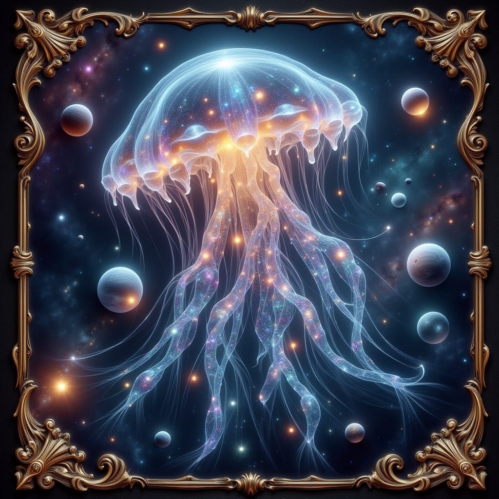 Celestial Jellyfish Floating Through Vibrant Cosmic Nebula