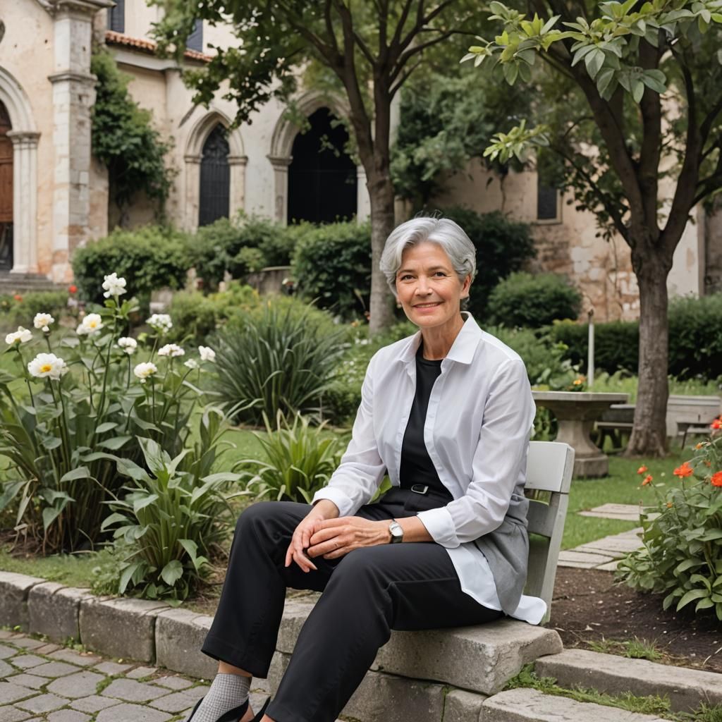 Woman in Garden of Italian Church