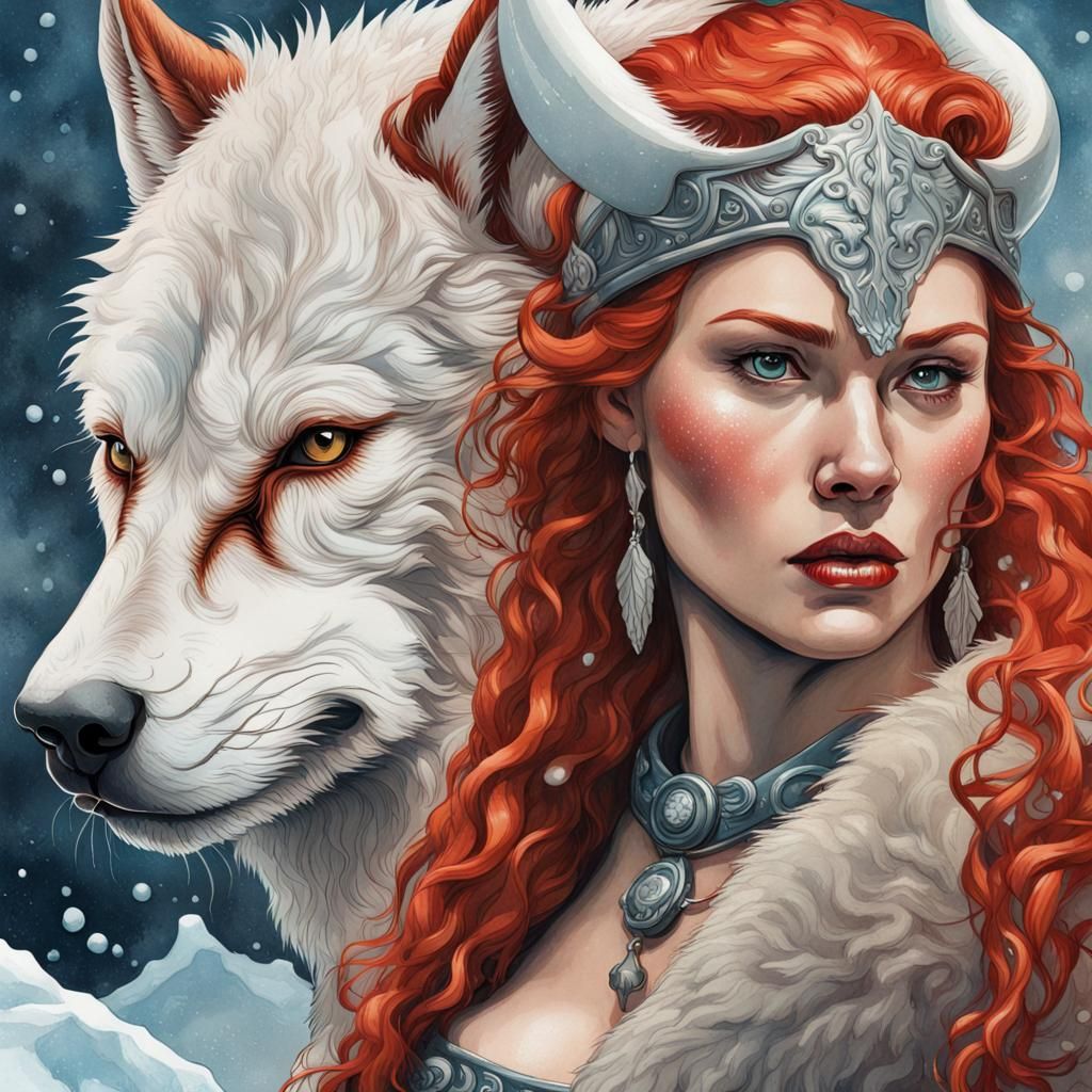 Viking Queen and White Wolf Screenprint Poster