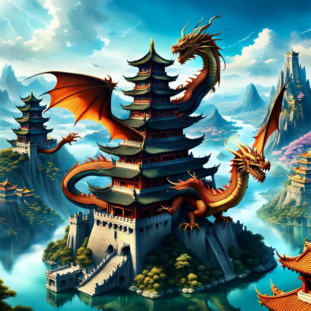 Dragons Over Mountain Castle in Fantasy Art Style