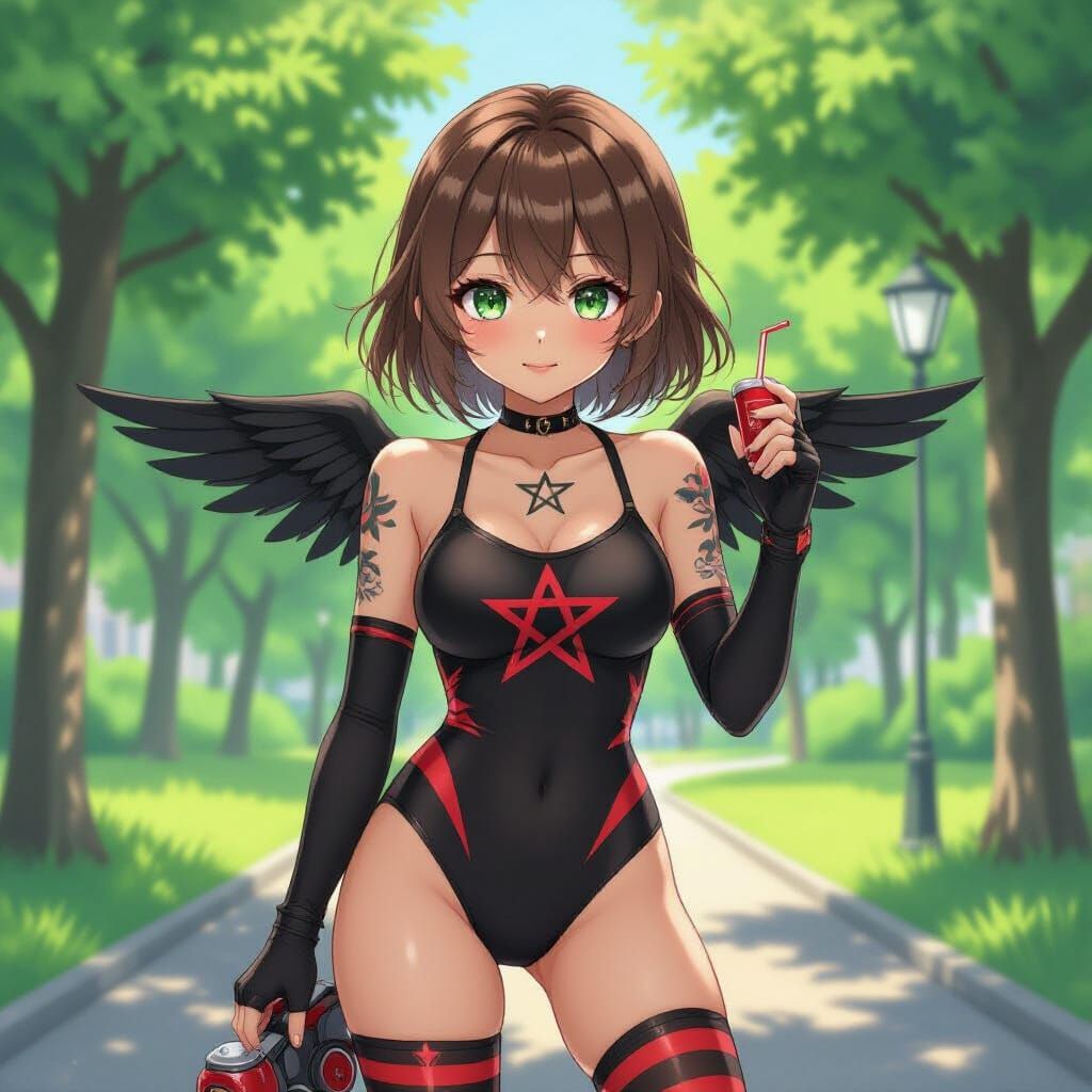 Anime Girl with Wings in Summer Park, Cel-Shaded Style