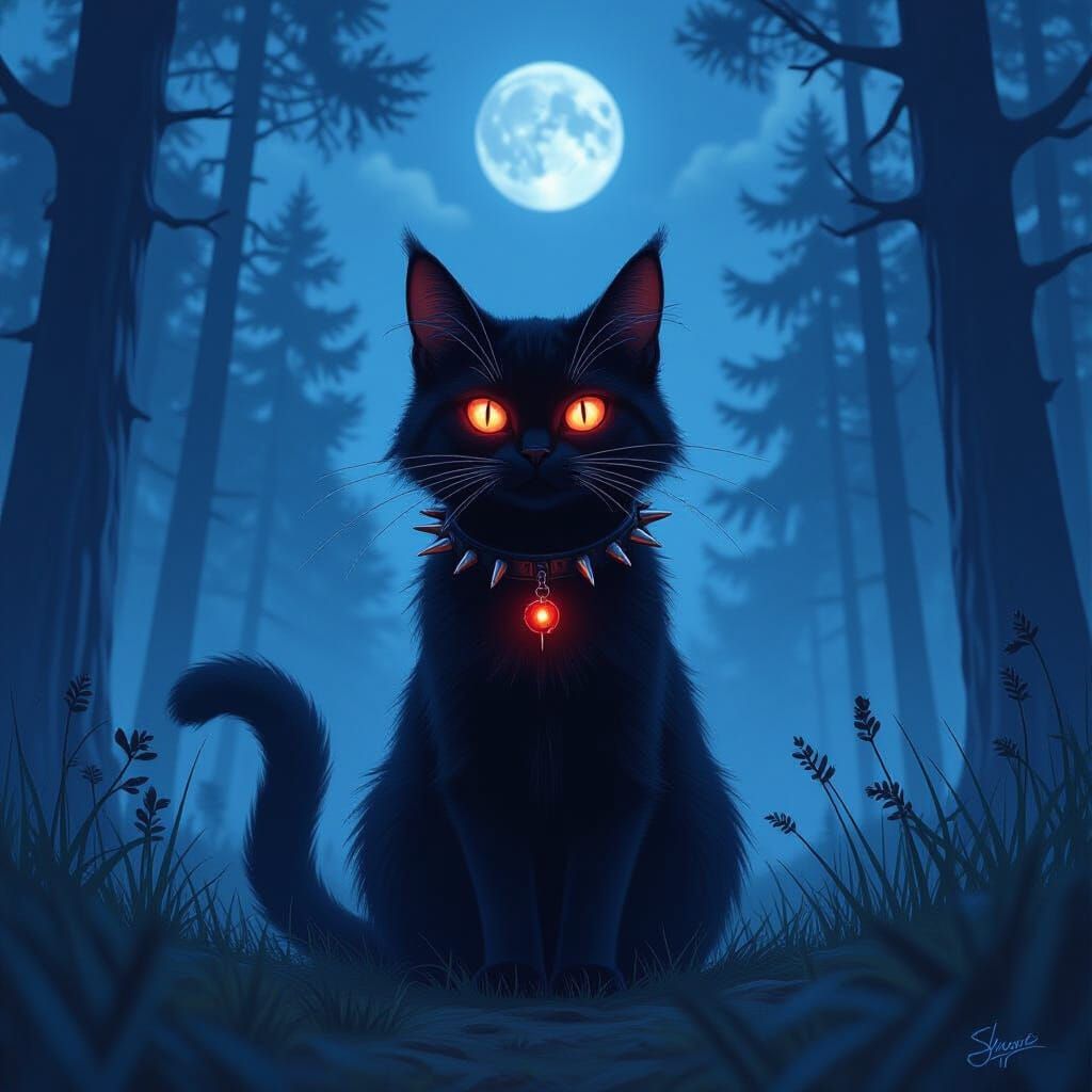Mutant Cat with Glowing Eyes in Forest, Retro Sci-Fi Art