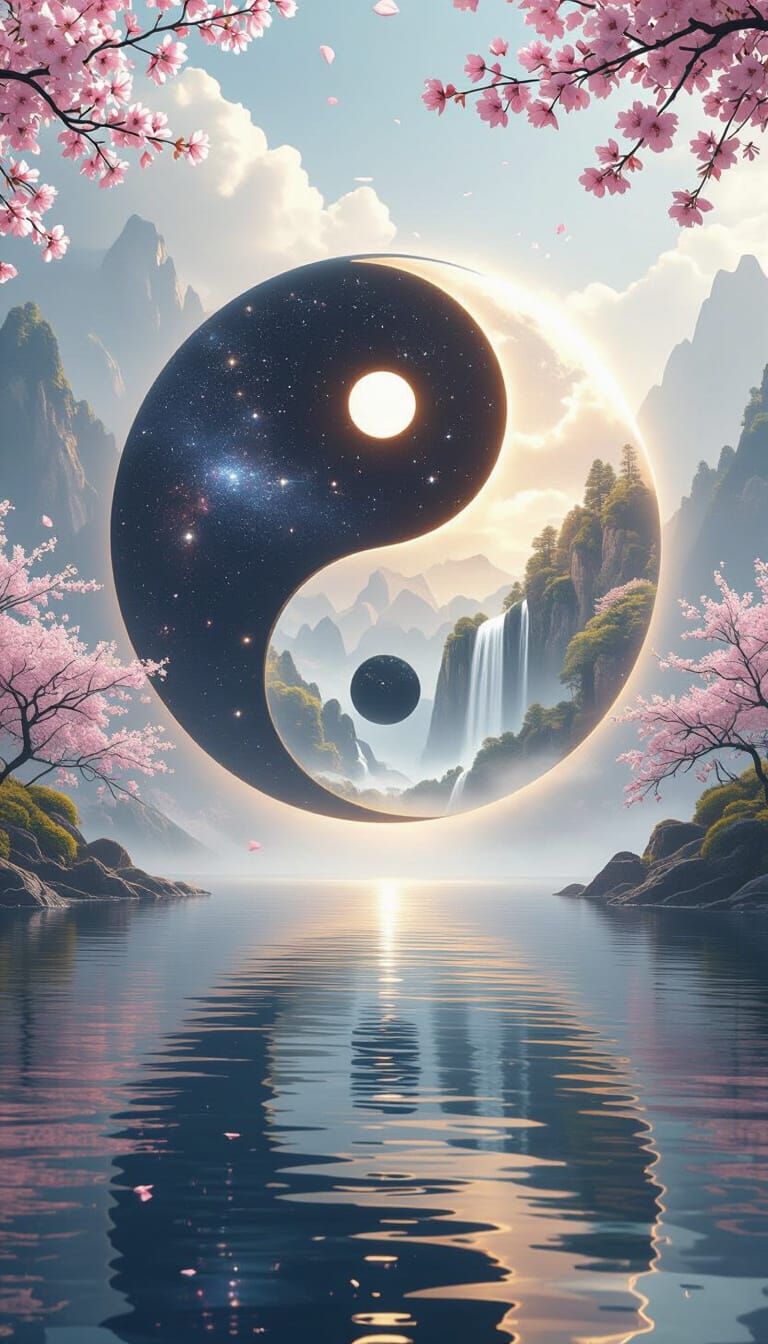 Yin-Yang Symbol in Surreal Landscape