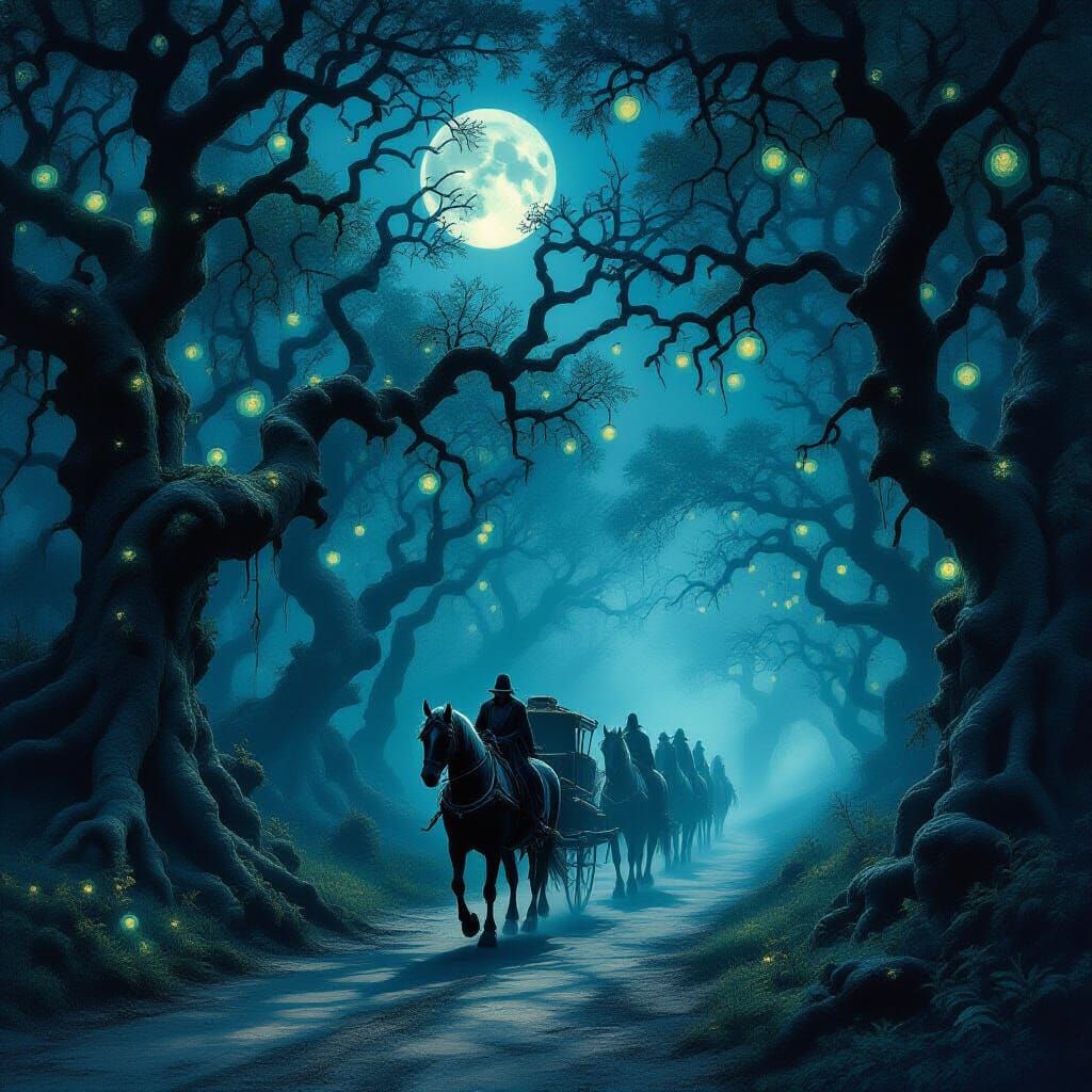Spectral Carriage in Enchanted Forest Moonlit Path