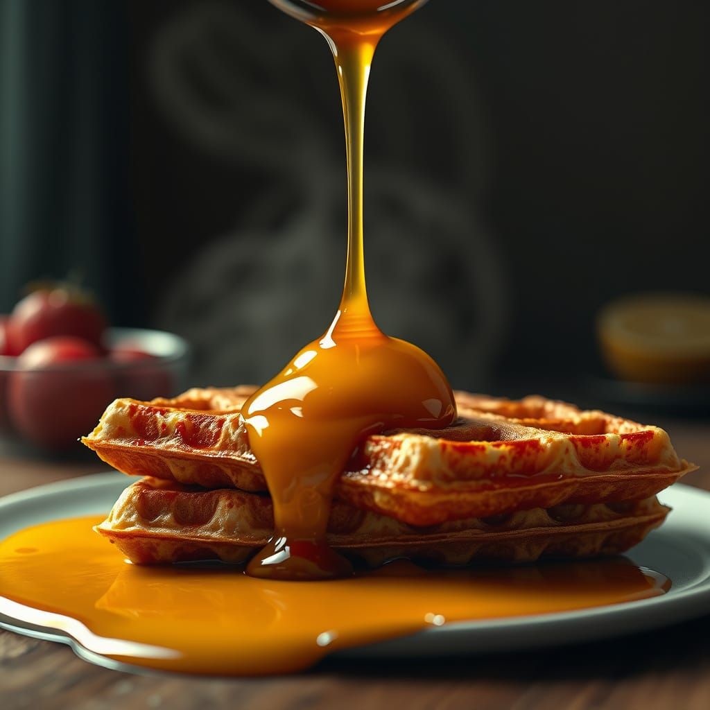 Golden Brown Syrup Waffle in Hyperrealistic Style