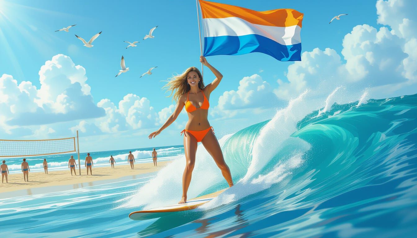 Hyperrealistic Surfing Woman Waving Dutch Flag