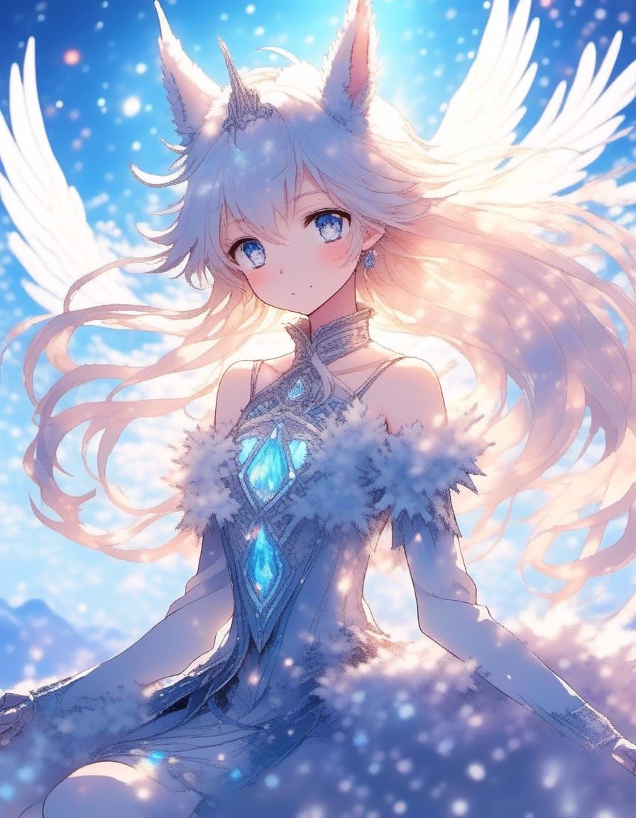 Fantasy Anime Cat-Girl Kissing Silhouette in Winter Realm