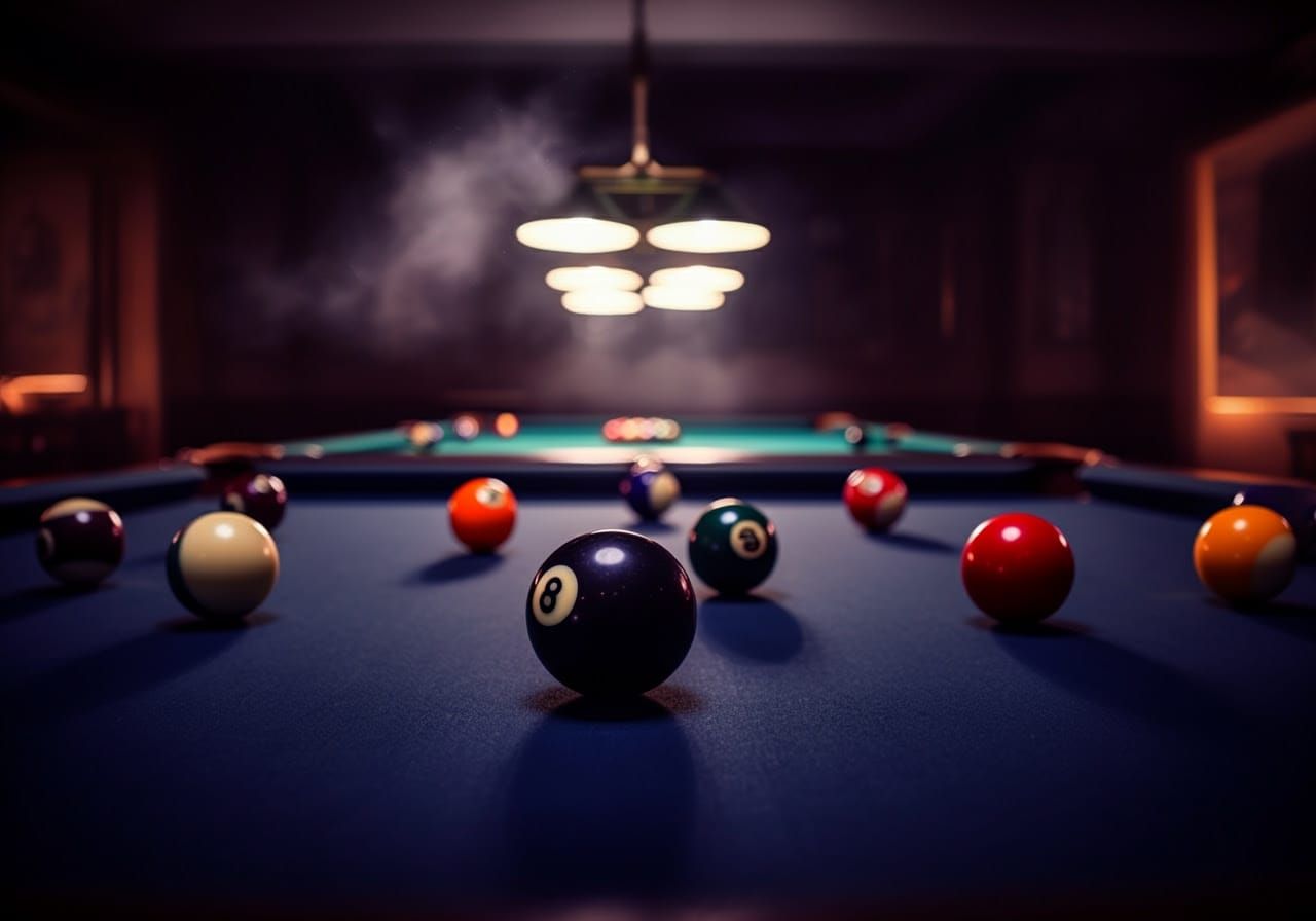 Surreal Eight-Ball on Billiards Table in Smoky Pool Hall