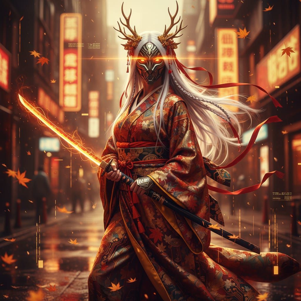 Cyber Samurai Woman with Katana in Autumn Forest