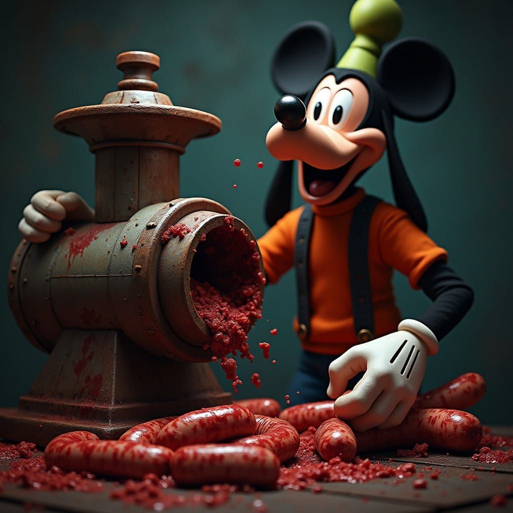 Maniacal Goofy Creates Mickey Mouse Sausages in a Dark, Indu...