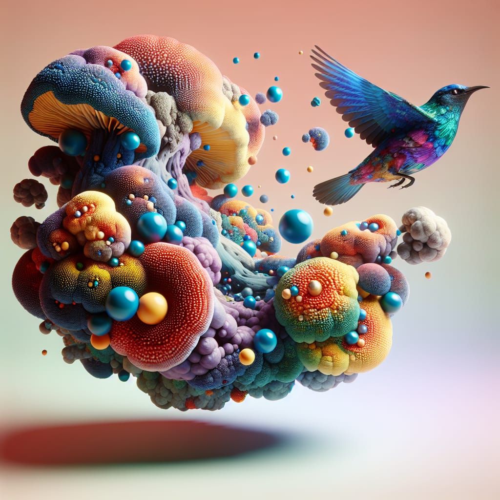 Floating Terrarium with Iridescent Fungi in Abstract Style