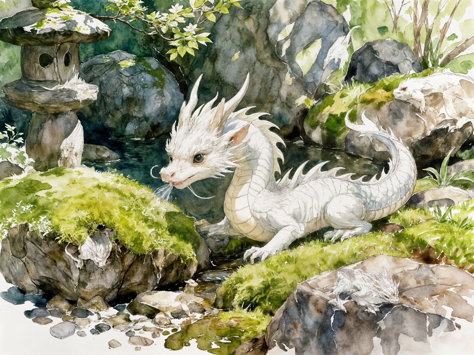 Cute White Dragon in Japanese Garden Sketch Style