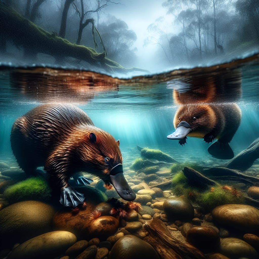 Platypuses Foraging Underwater in Tranquil Australian Stream