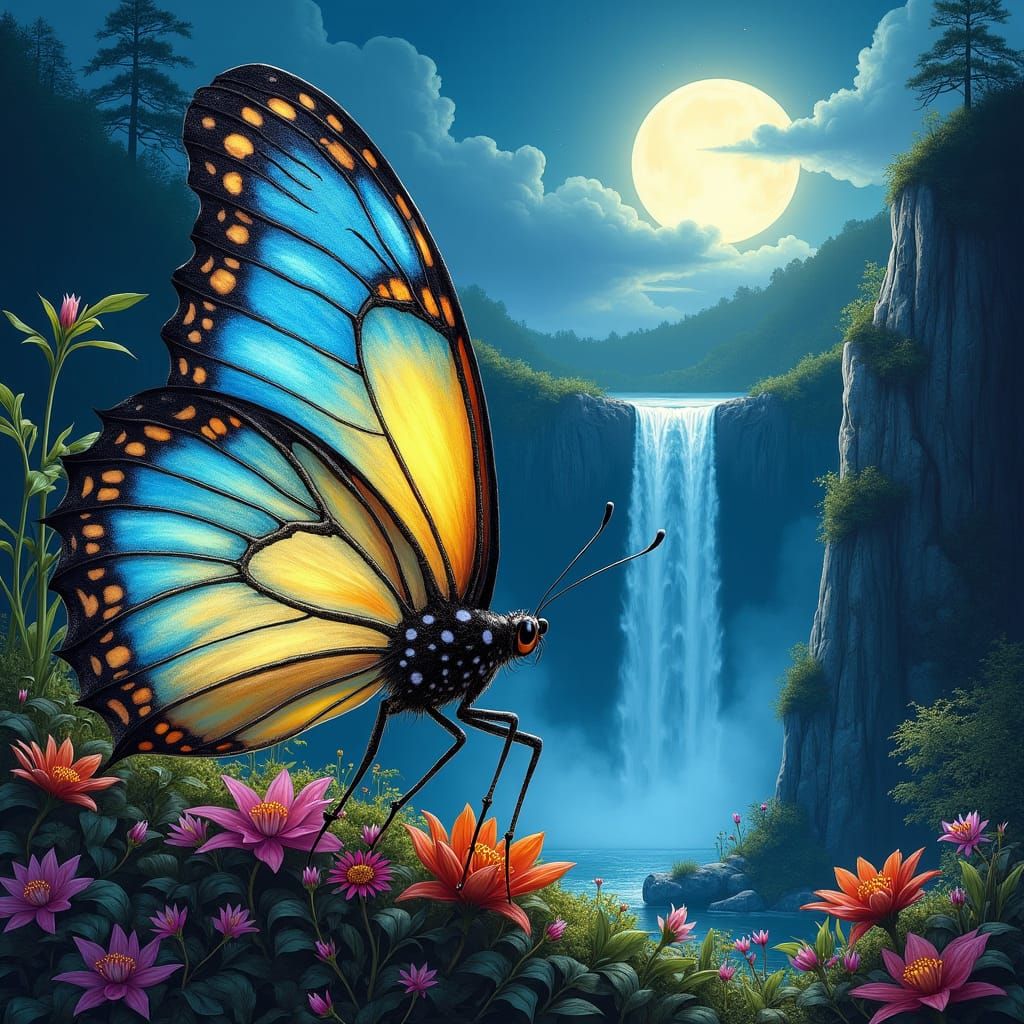 One big blue and yellow butterfly on a big garden, with a big waterfall in the back of the butterfly, one very shine ful...