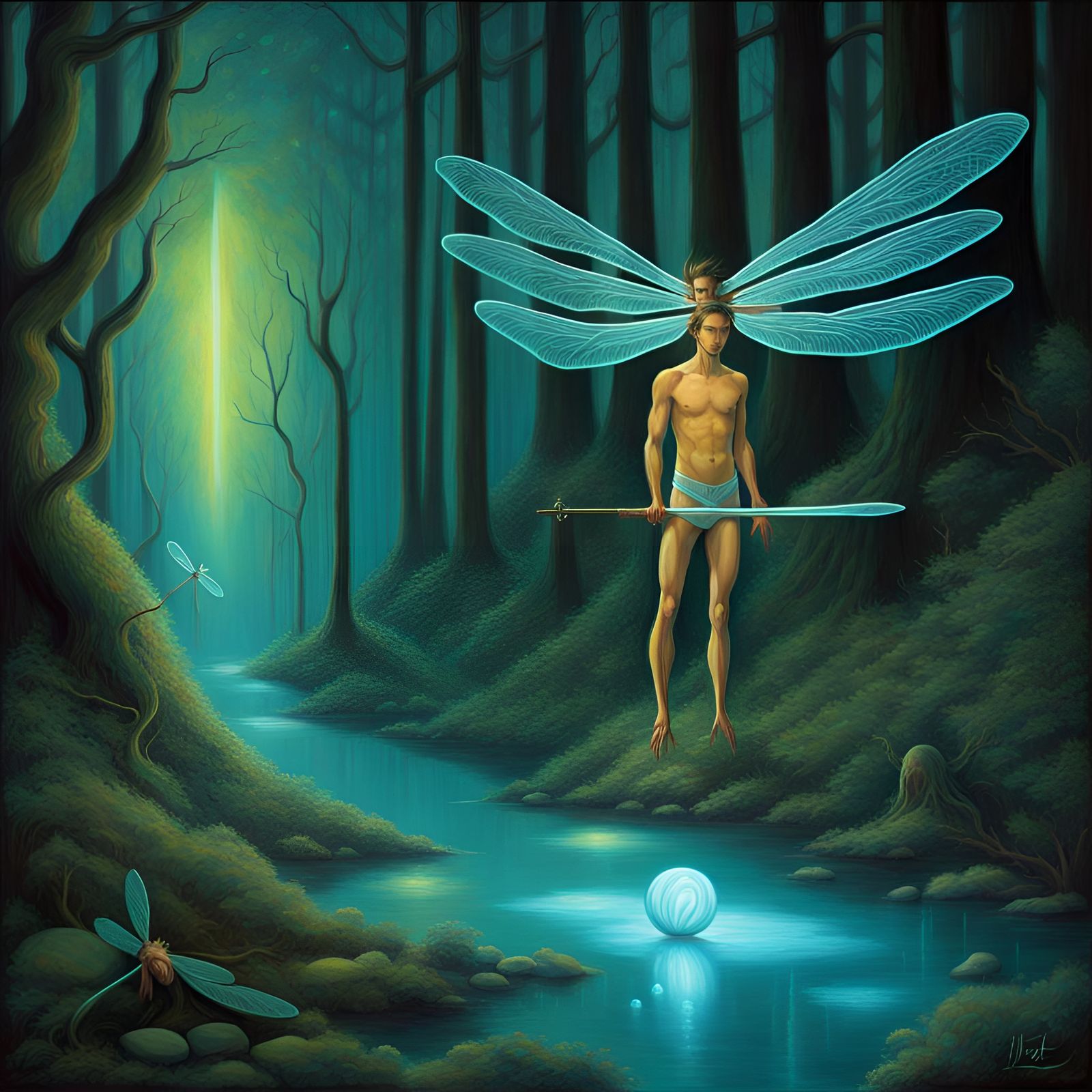 Enchanted Forest Walk with Bioluminescent Dragonflies