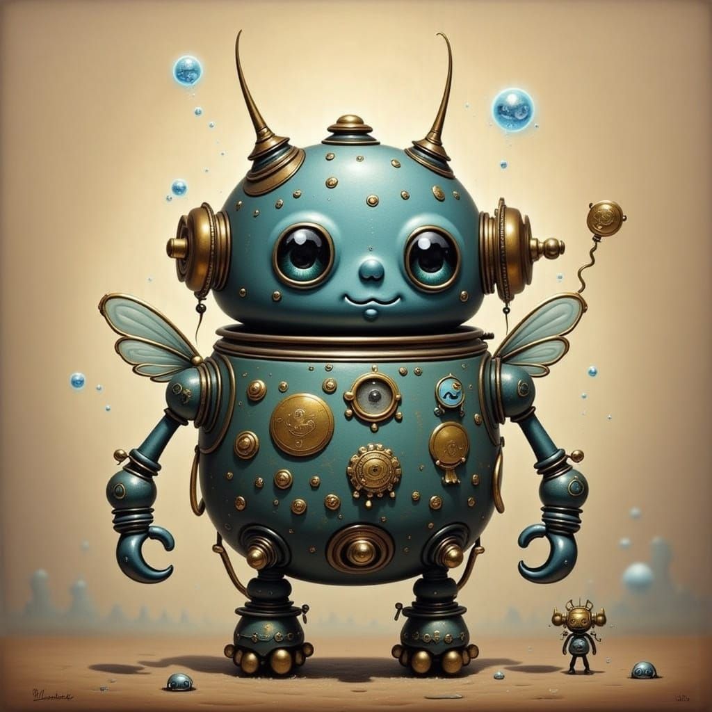Whimsical Robot Fairy with Wings in Steampunk Style