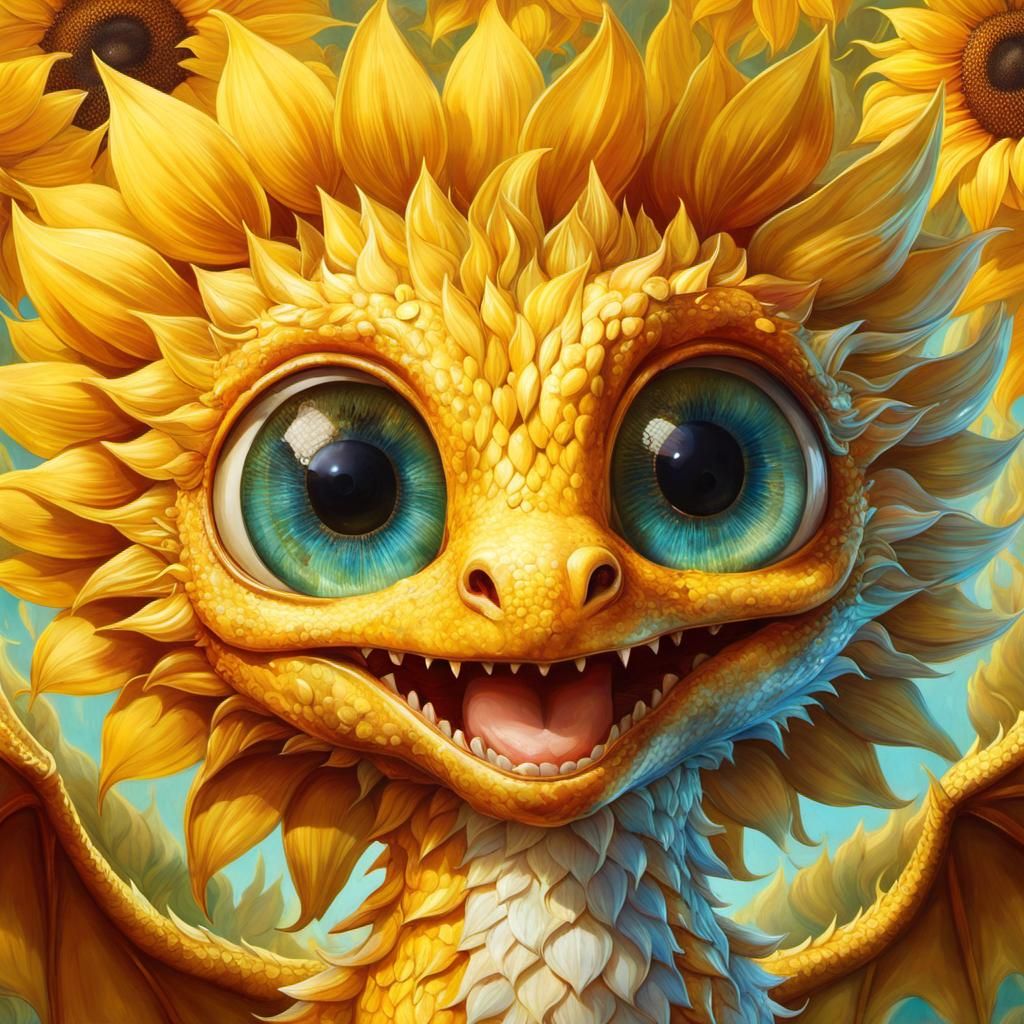 Mythical Sunflower Dragon Portrait in Anime Style