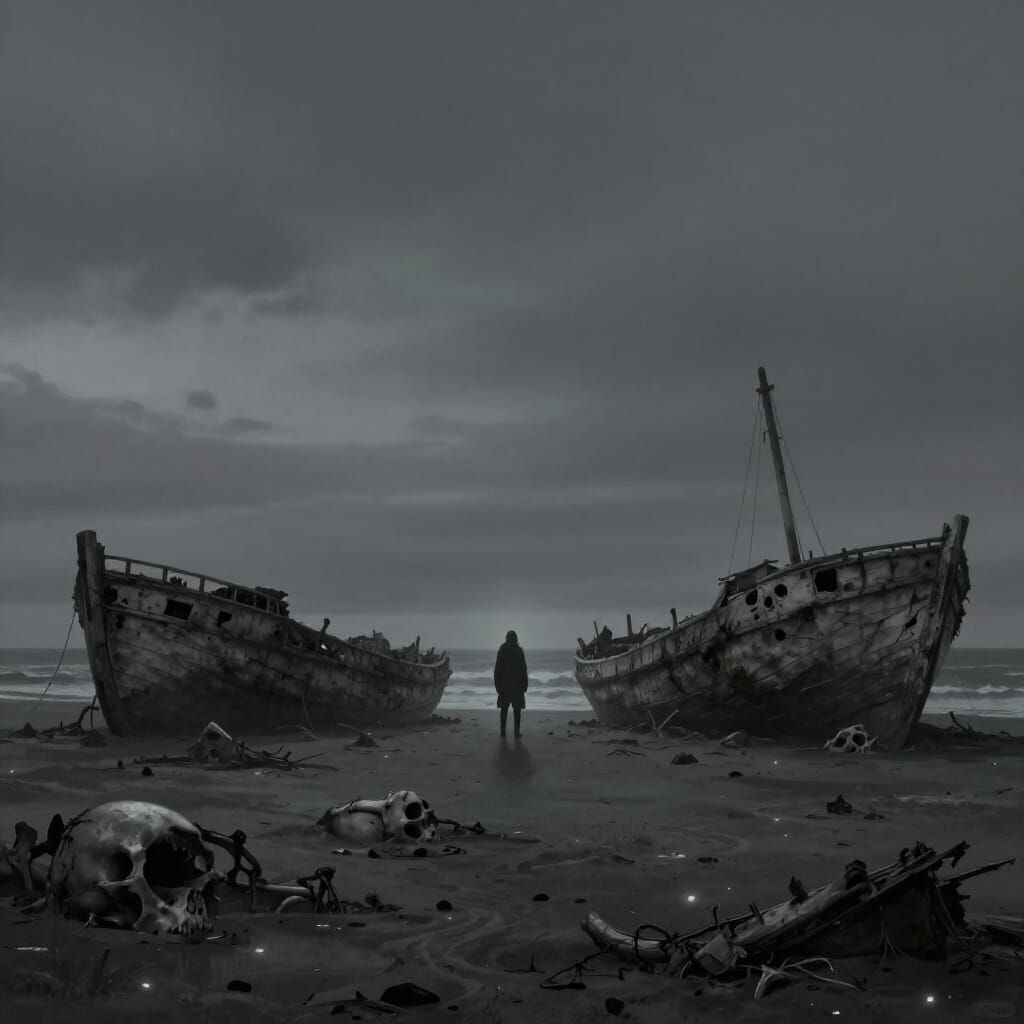 Figure on Desolate Beach Amidst Bone Boat Ruins