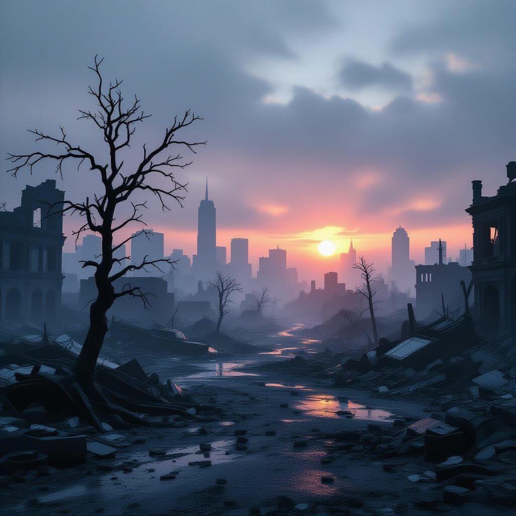 Post-Apocalyptic City Ruins in Foggy Sunset