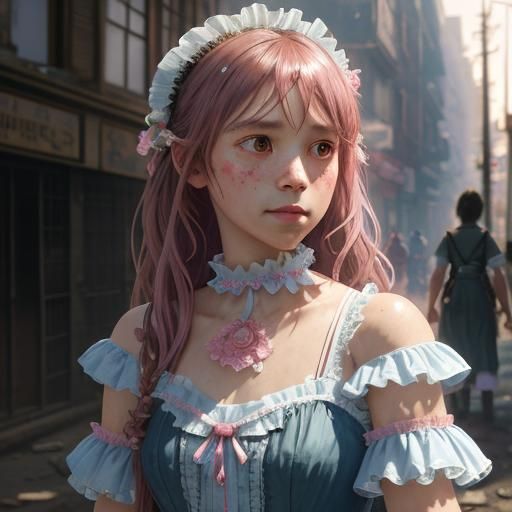 Pink Figure in Slums: Detailed Concept Art Portrait