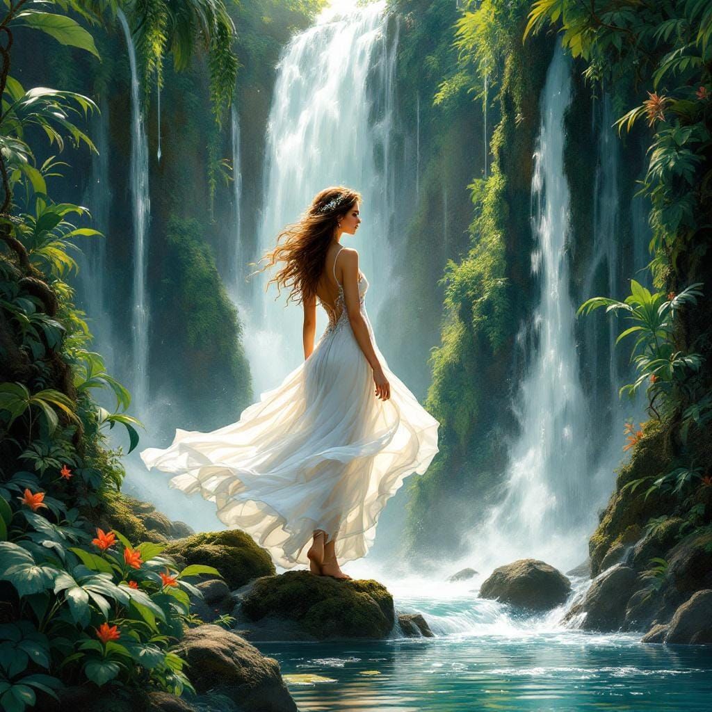 Woman at Waterfall in Alphonse Mucha Style