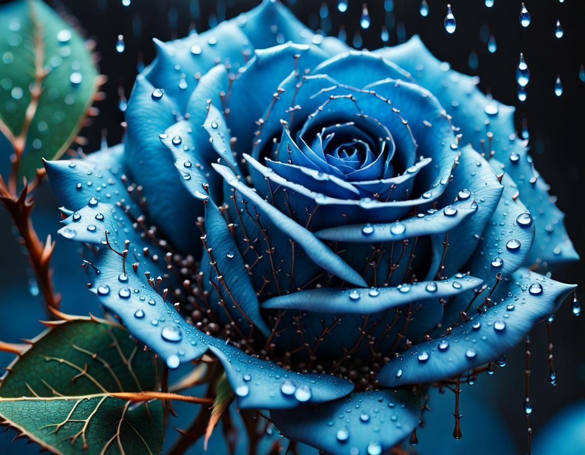 Hyperrealistic Blue Rose with Black Thorns in HDR