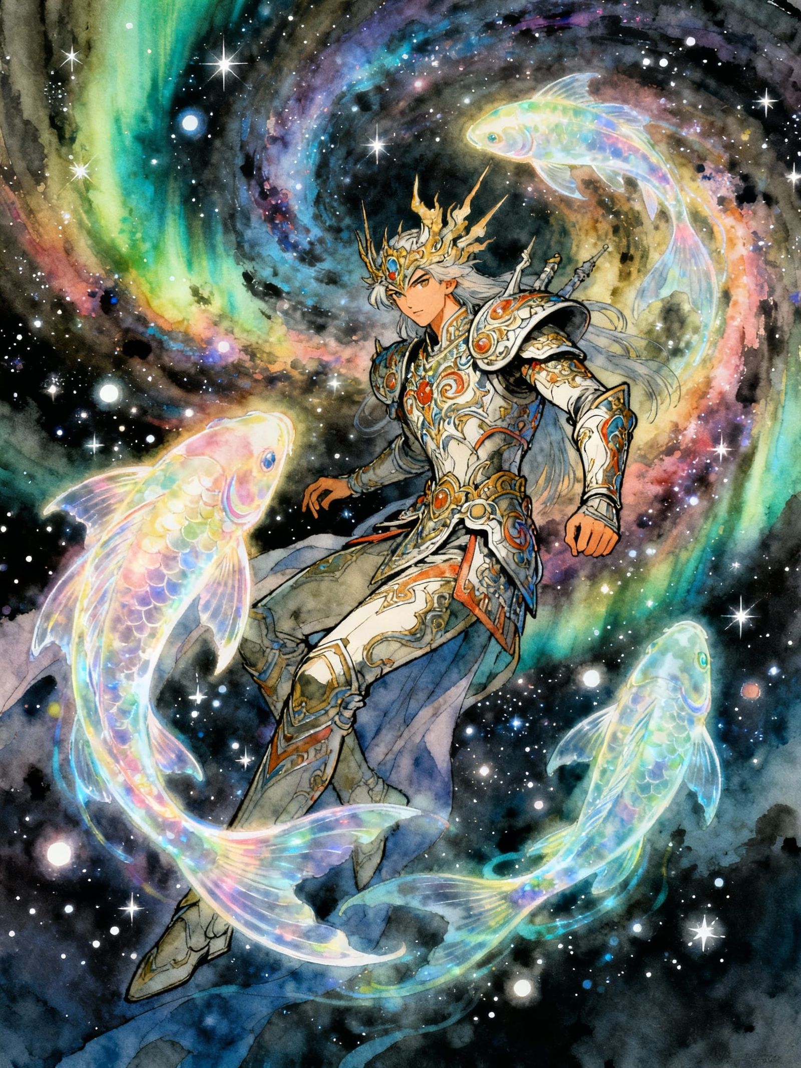 Celestial Warrior Captures Ethereal Fish in Cosmic Nebula