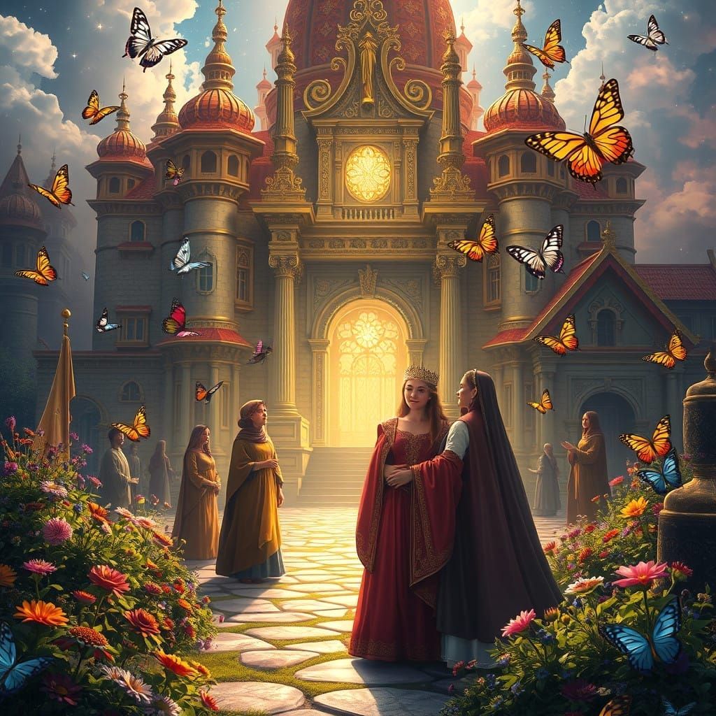 Aerial Queen Enjoys Palace Garden Amidst Whimsical Butterfli...