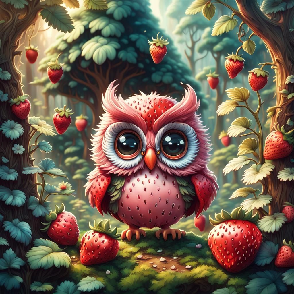 Chibi Strawberry Owl in Enchanted Forest
