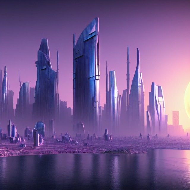 Cyberpunk Moon City at Sunset in 3D