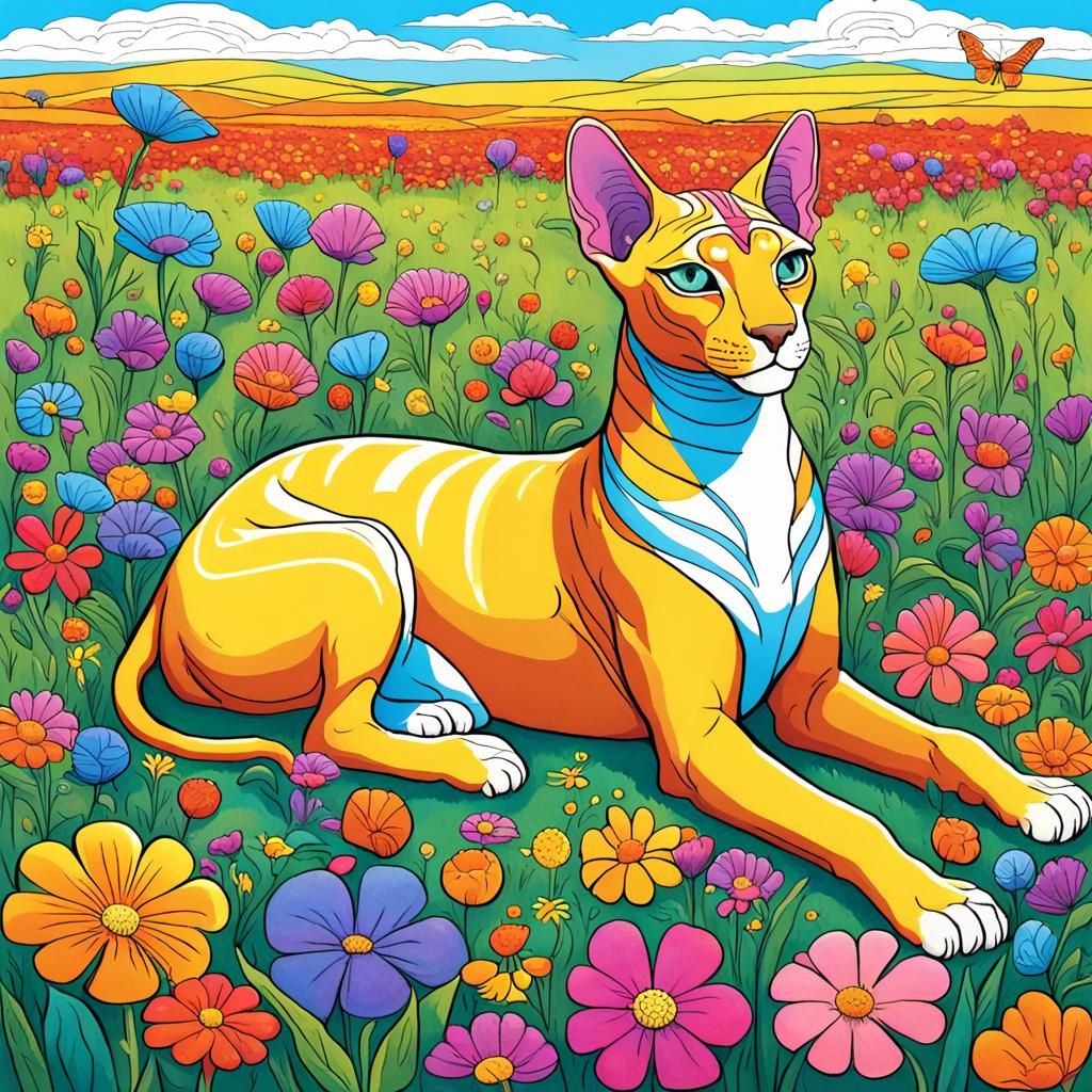 Cartoon Androsphinx in a Flower Field