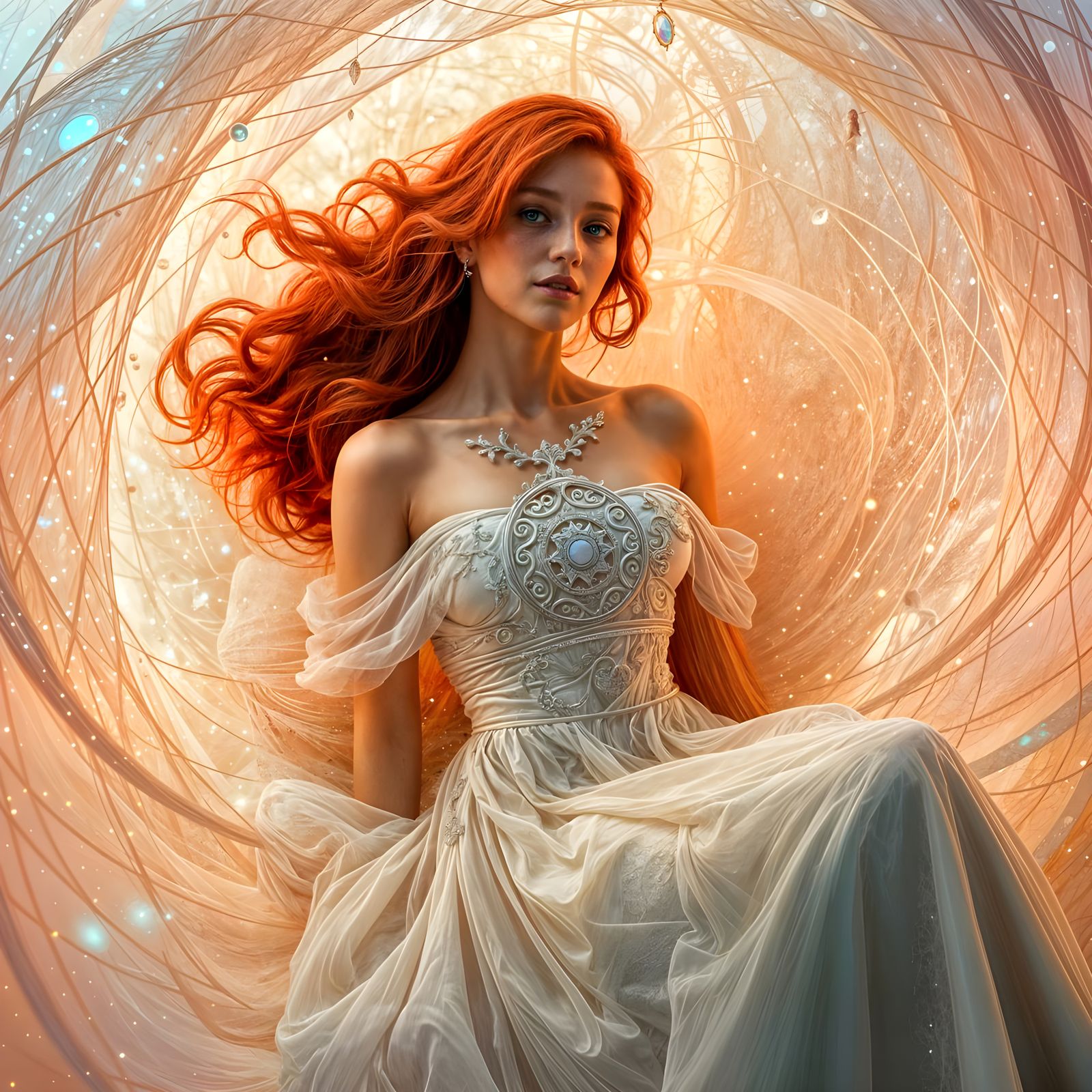Ethereal Red-Haired Woman in Opal Vortex