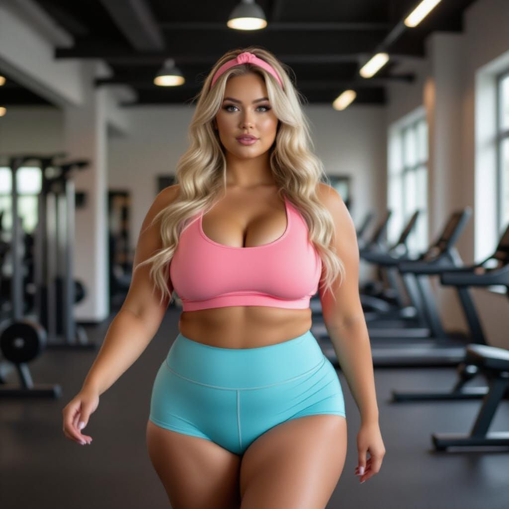Plus Size Woman on Treadmill in Hyperrealistic Style
