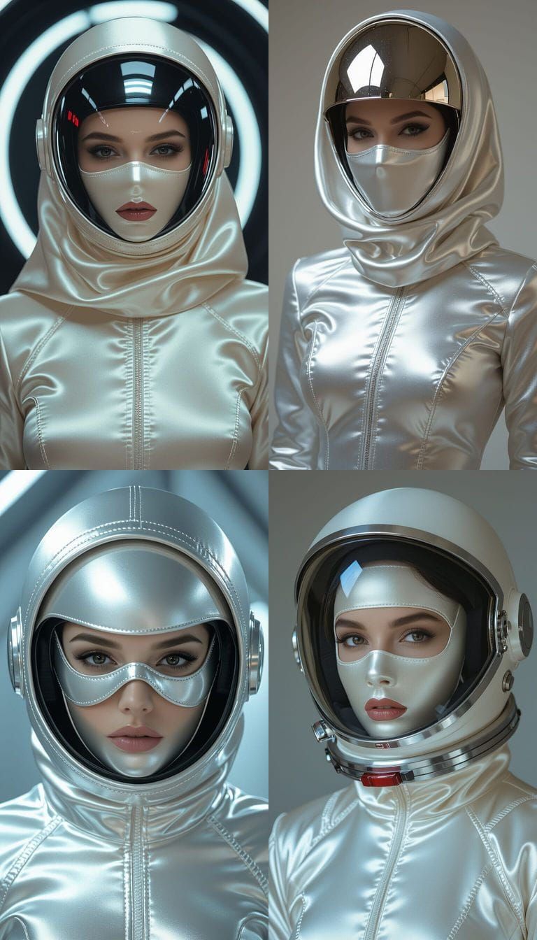 Actress in Satin Cocoon Spacesuit with Full Face Mask