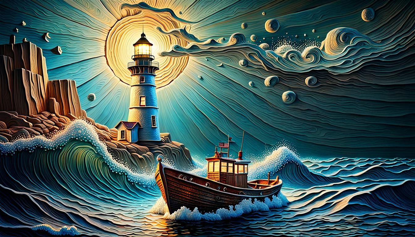 Lighthouse Beaming Light on Boat: Embossed Wood Art