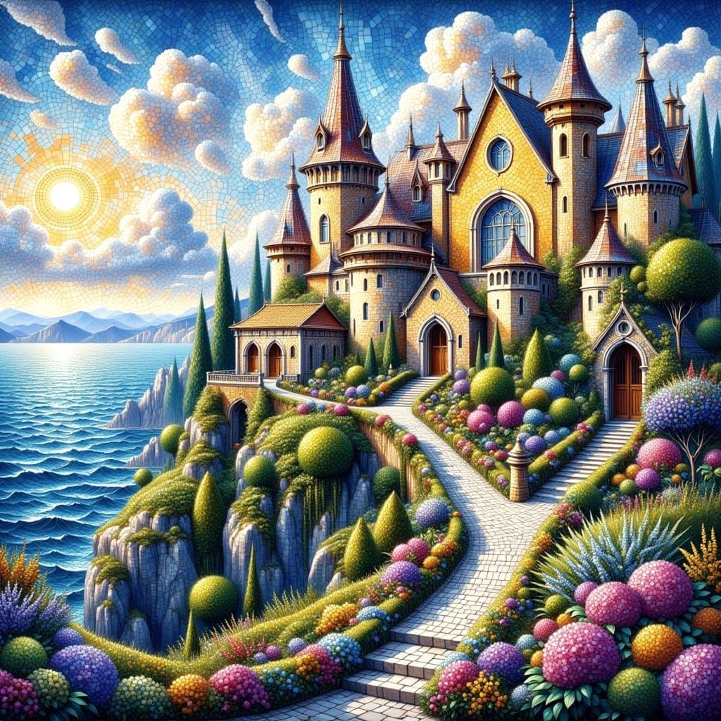 Mosaic Castle Overlooking Wild Sea in Impressionist Style