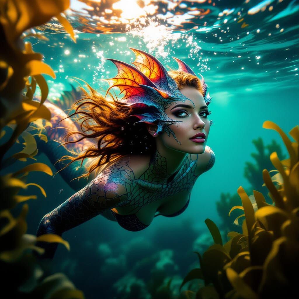 Sea Dragon Woman Swims Through Vibrant Kelp Forest