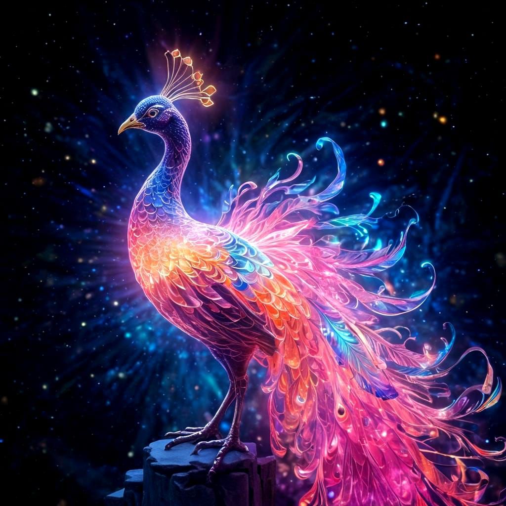 Glowing Ionized Plasma Peacock in Cosmic Stained Glass