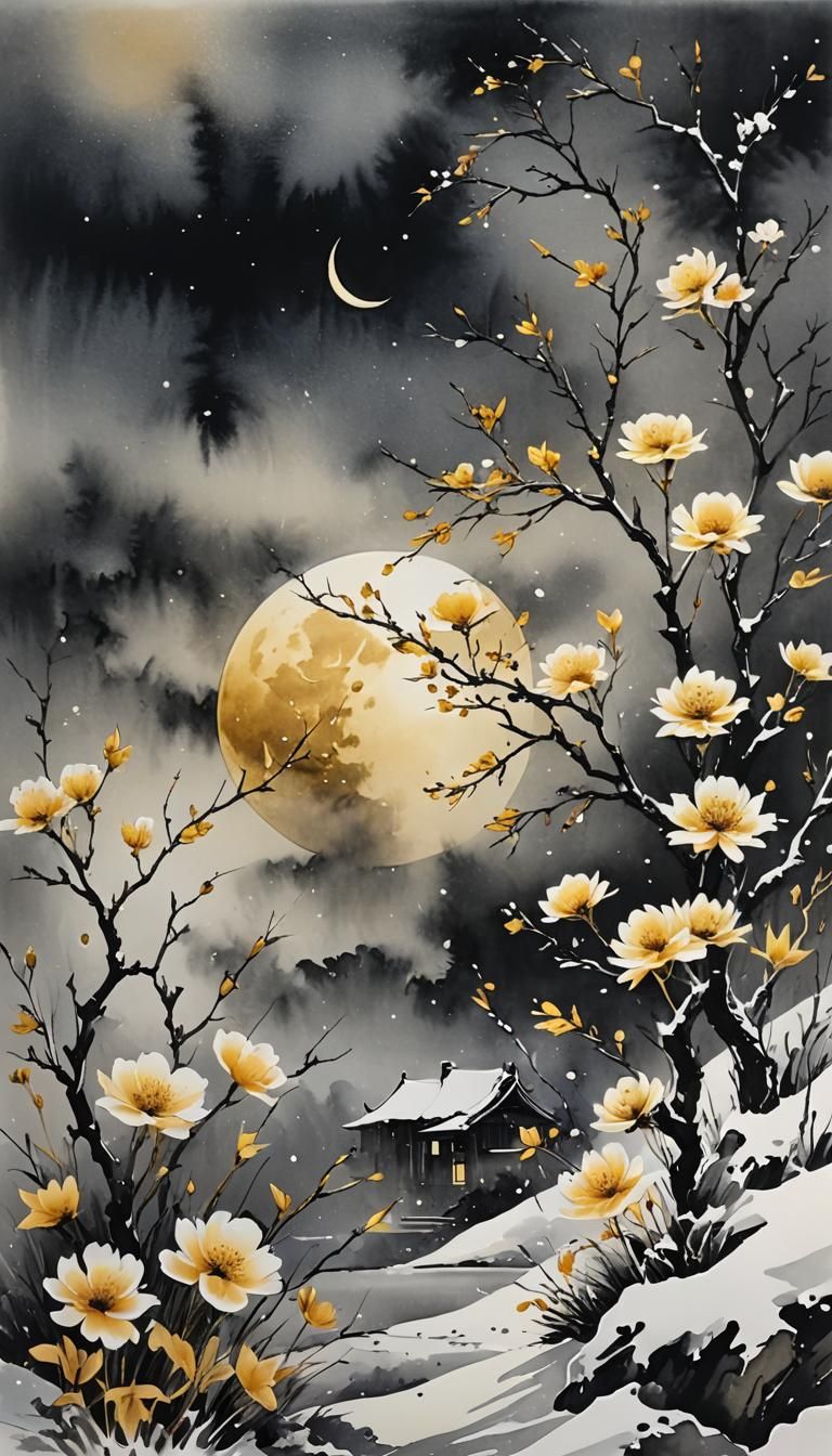 Ink Painting of Wind, Flowers, Snow, and Moon
