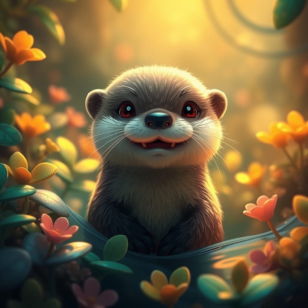 Smiling Baby Otter in Dreamlike Aquatic Scene