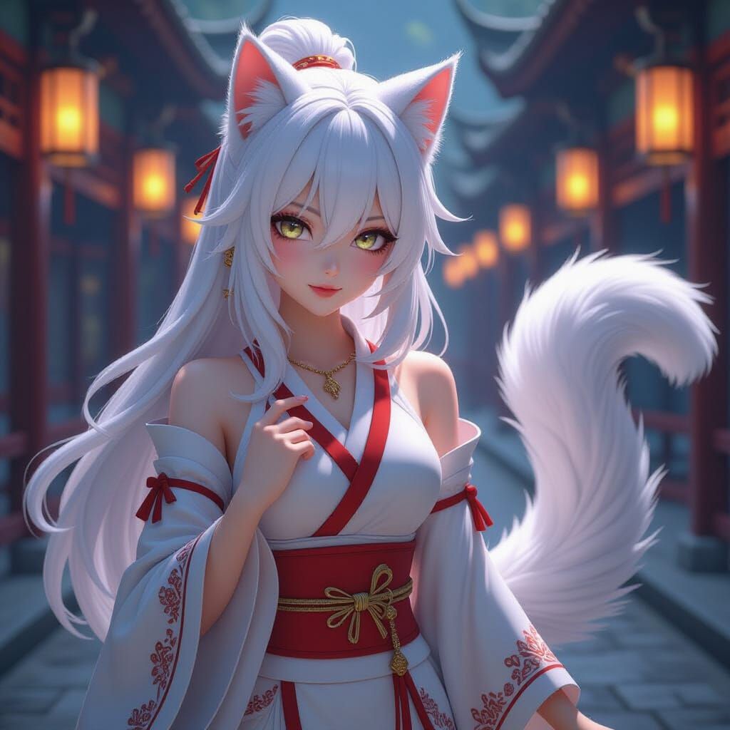 Anime Woman with White Hair and Cat Eyes