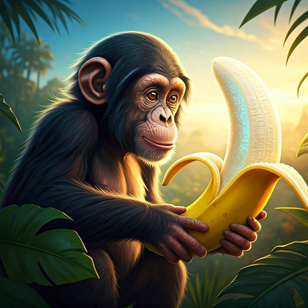 Chimpanzee and Colossal Banana in Dreamlike Jungle