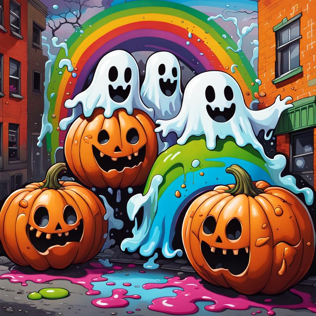 Colorful Cartoon Halloween Scene in Graffiti Style