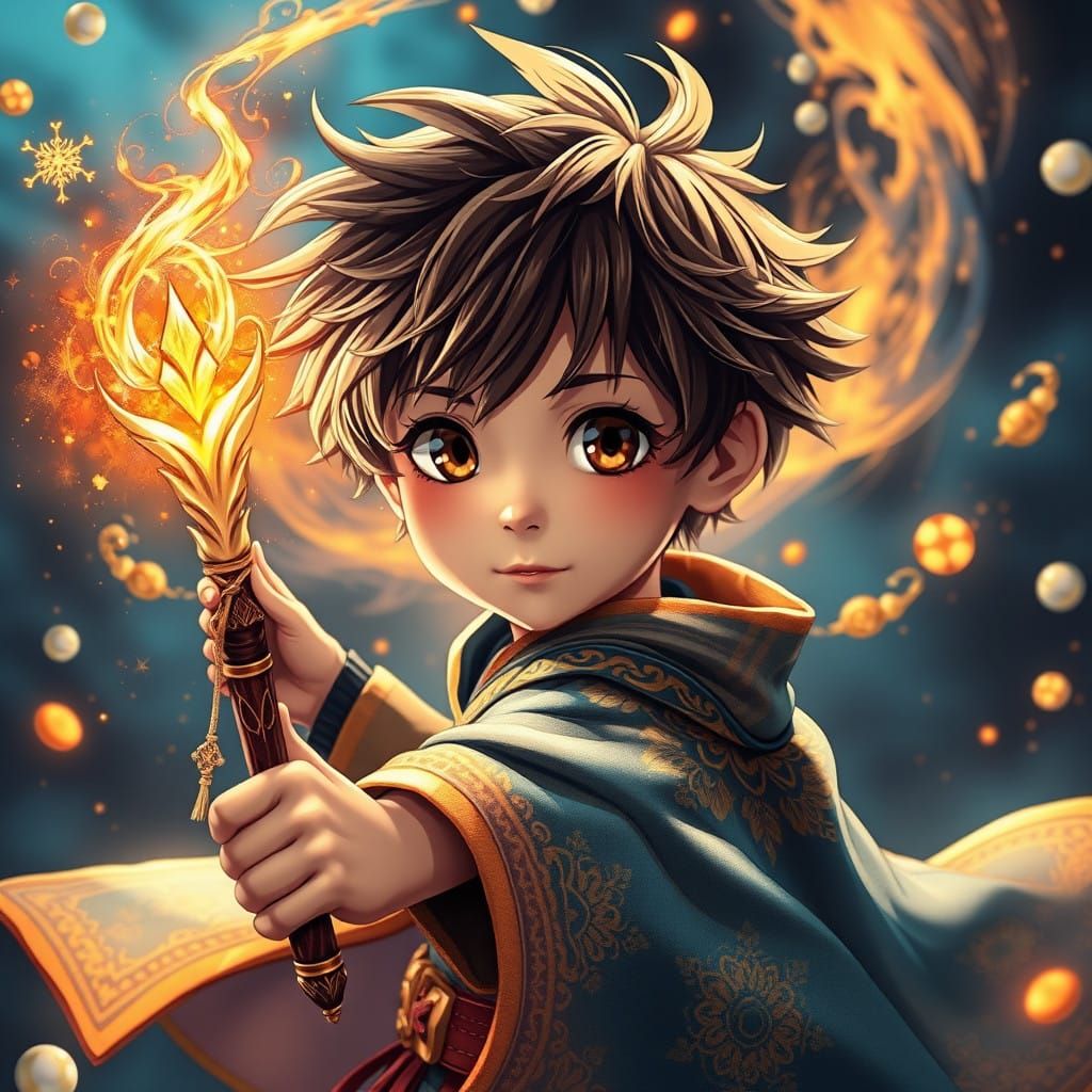 Young Anime Hero Wields Magic in Dynamic Pose