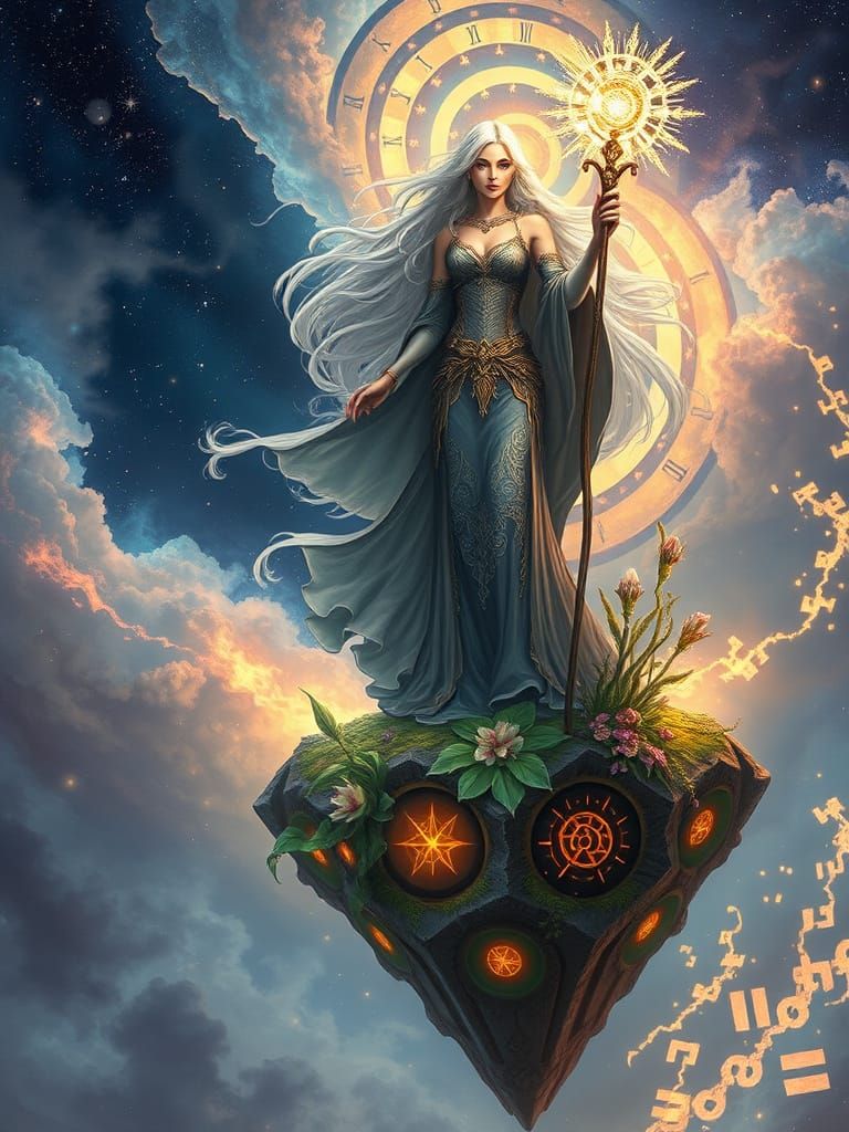 Celestial Sorceress on Floating Island in Art Nouveau Style