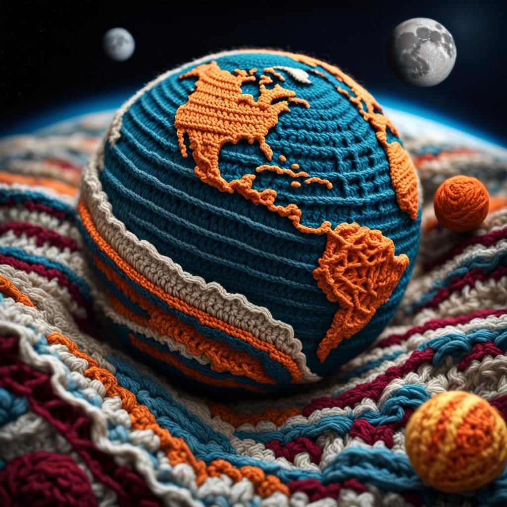 Crochet-Style Planet Earth with Moon and Planets