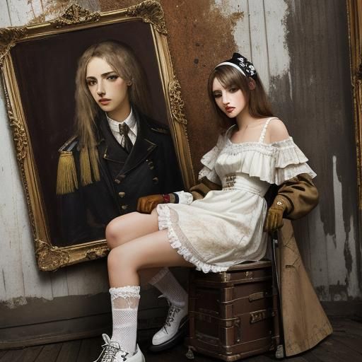 Balthus style Lady wearing a plaster Paris gauze dress white garter, melted tar, rust and straw and patina something lik...