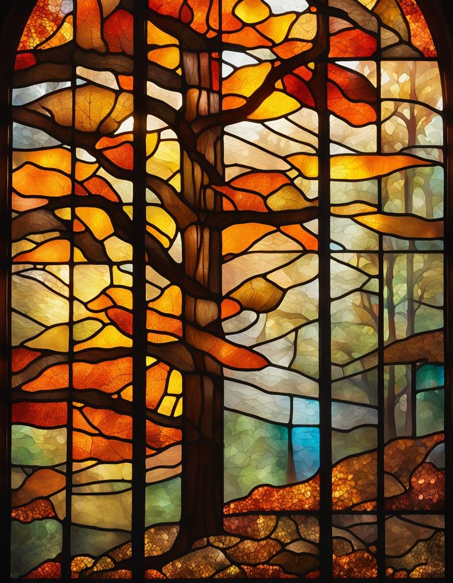 Stained Glass Autumn Forest in Cathedral Window